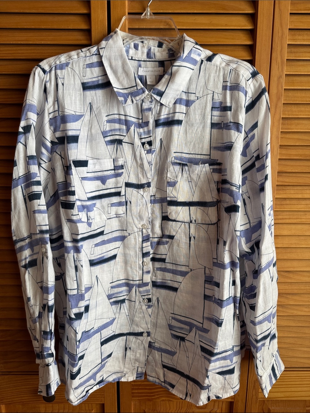 Charter Club White Button-Up Shirt with Blue Sailboat Print